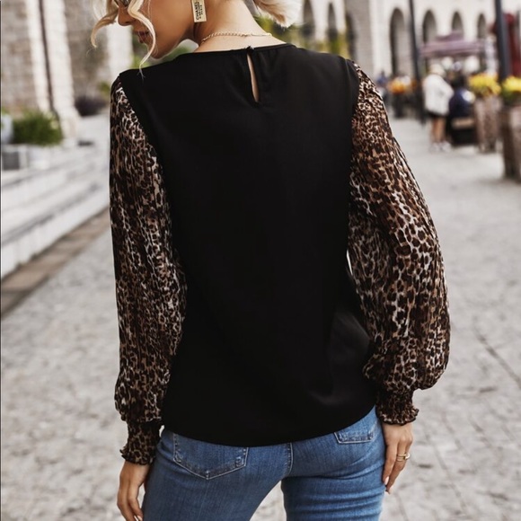 Boho Leopard Print Long Smocked Puff Sleeve Shirt Top Blouse - Picture 2 of 6